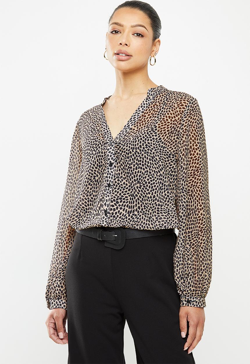 edit - Chiffon mandarin collar shirt - stone & black 