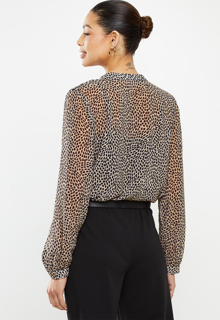 edit - Chiffon mandarin collar shirt - stone & black 