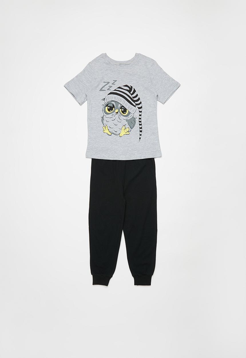 Pop Candy - Pants & short sleeve tee pj set - grey & black 