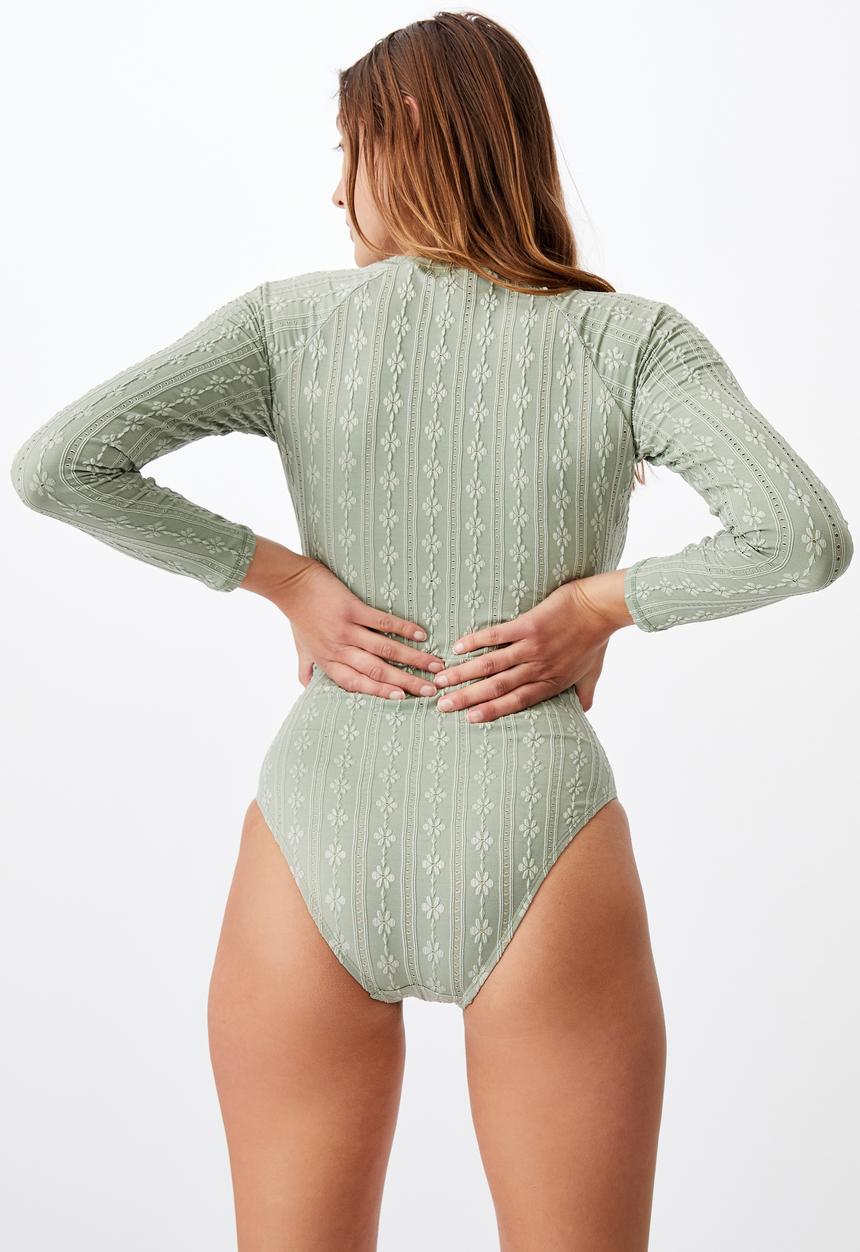Cotton On - Zip front long sleeve one piece cheeky - bkhaki broiderie