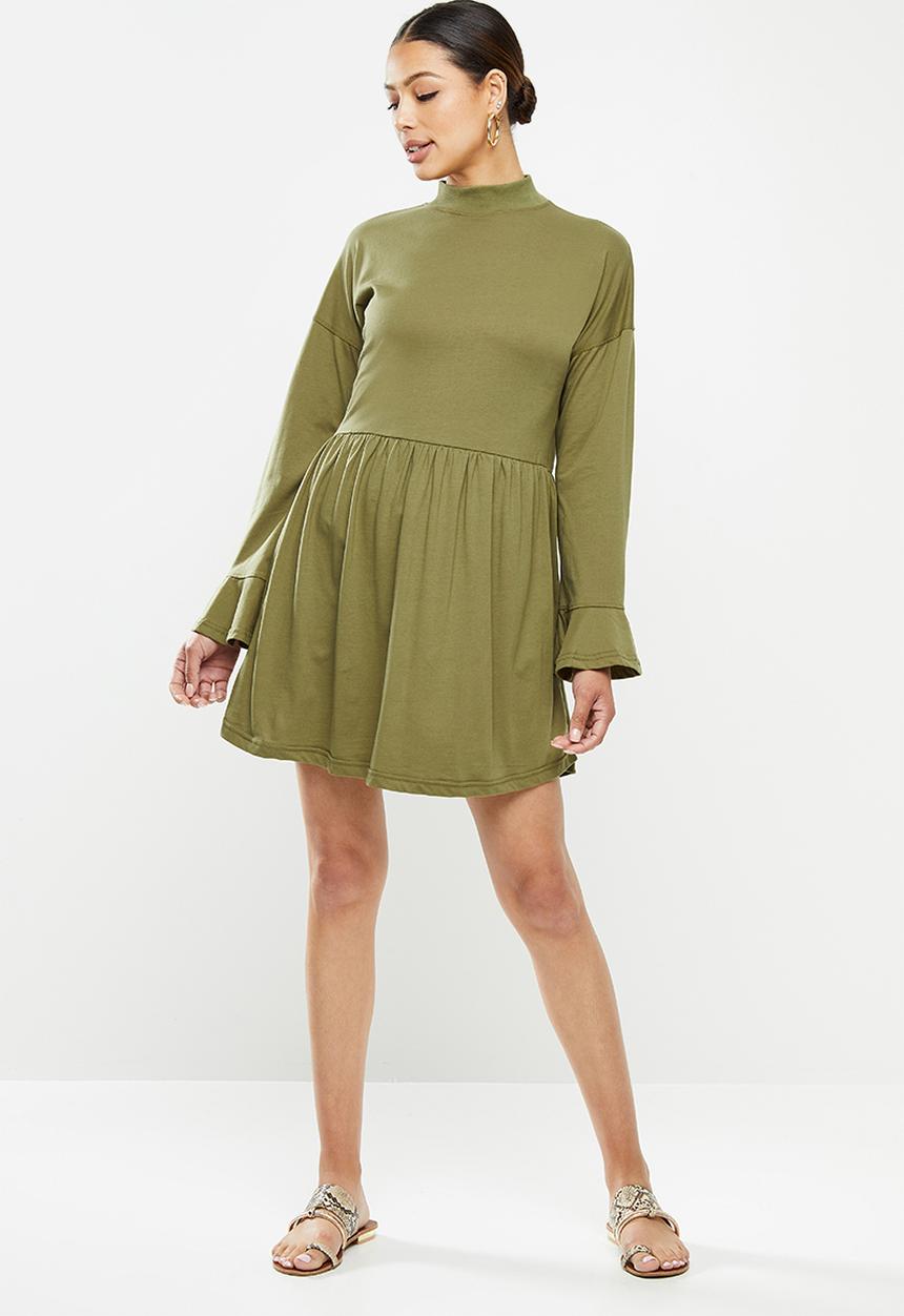 Missguided - High neck frill sleeve smock dress - olive