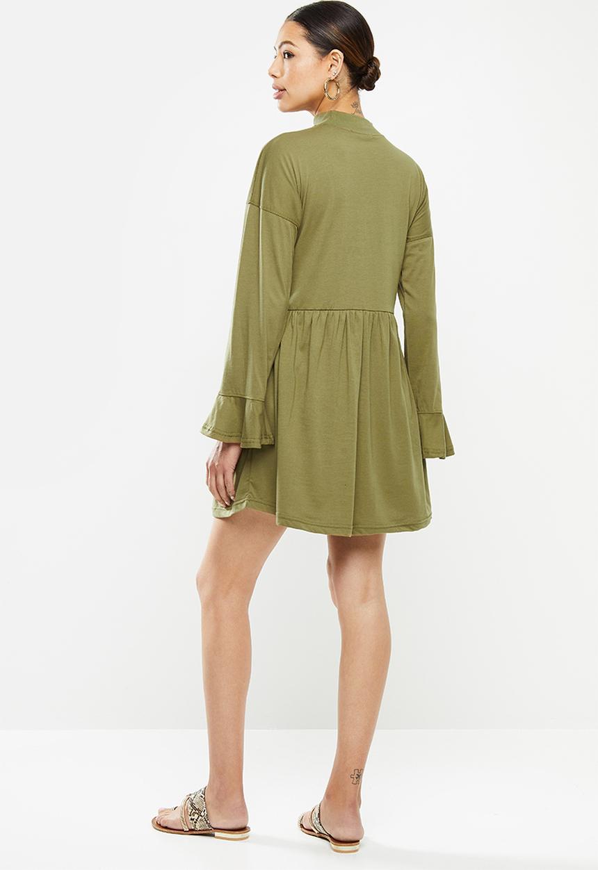 Missguided - High neck frill sleeve smock dress - olive