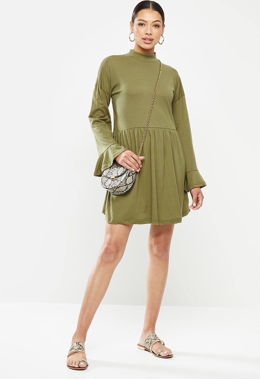 Missguided - High neck frill sleeve smock dress - olive