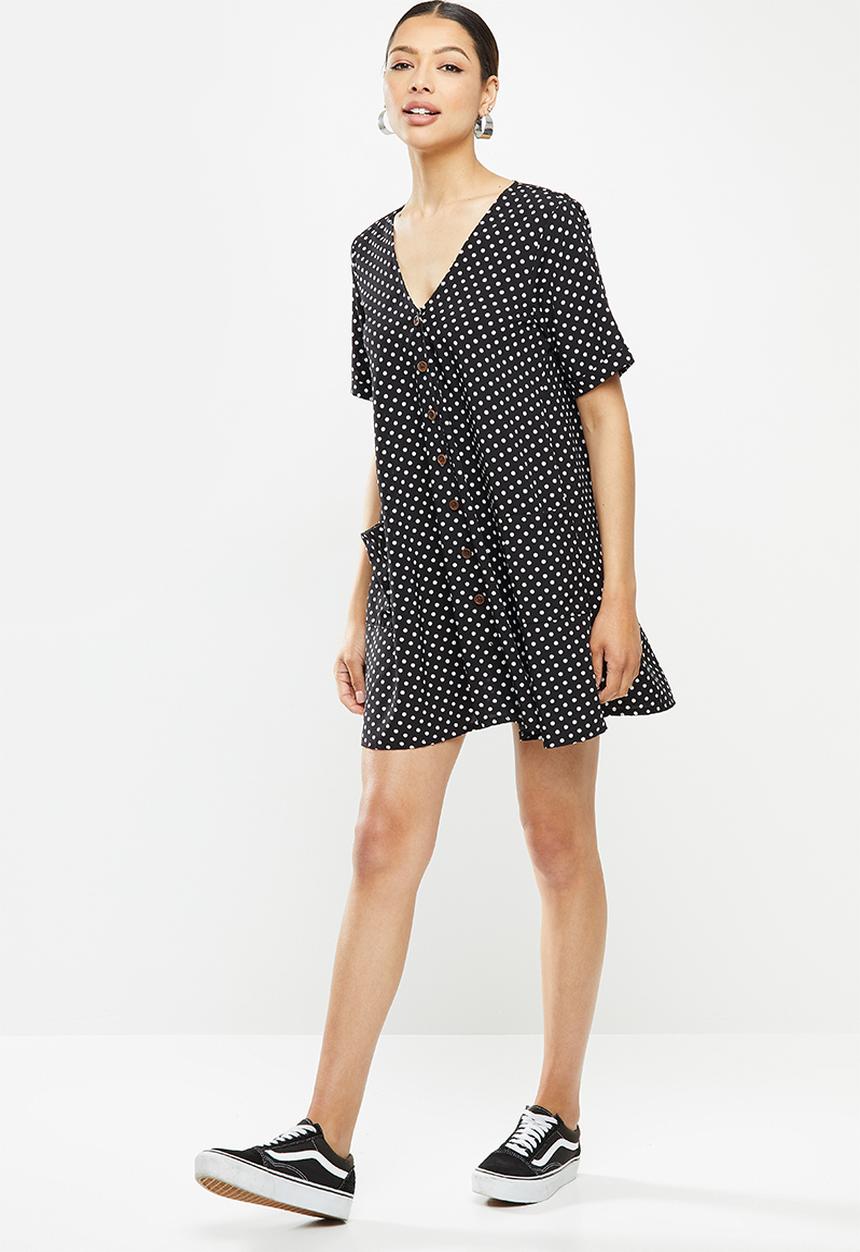 Missguided - Button thru smock dress polka dot - black & white