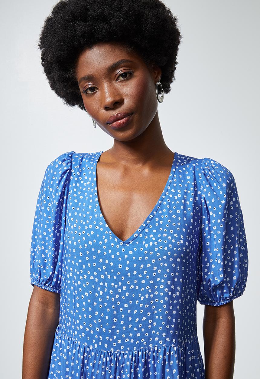 Superbalist - Tie back v-neck dress with tier - blue & white