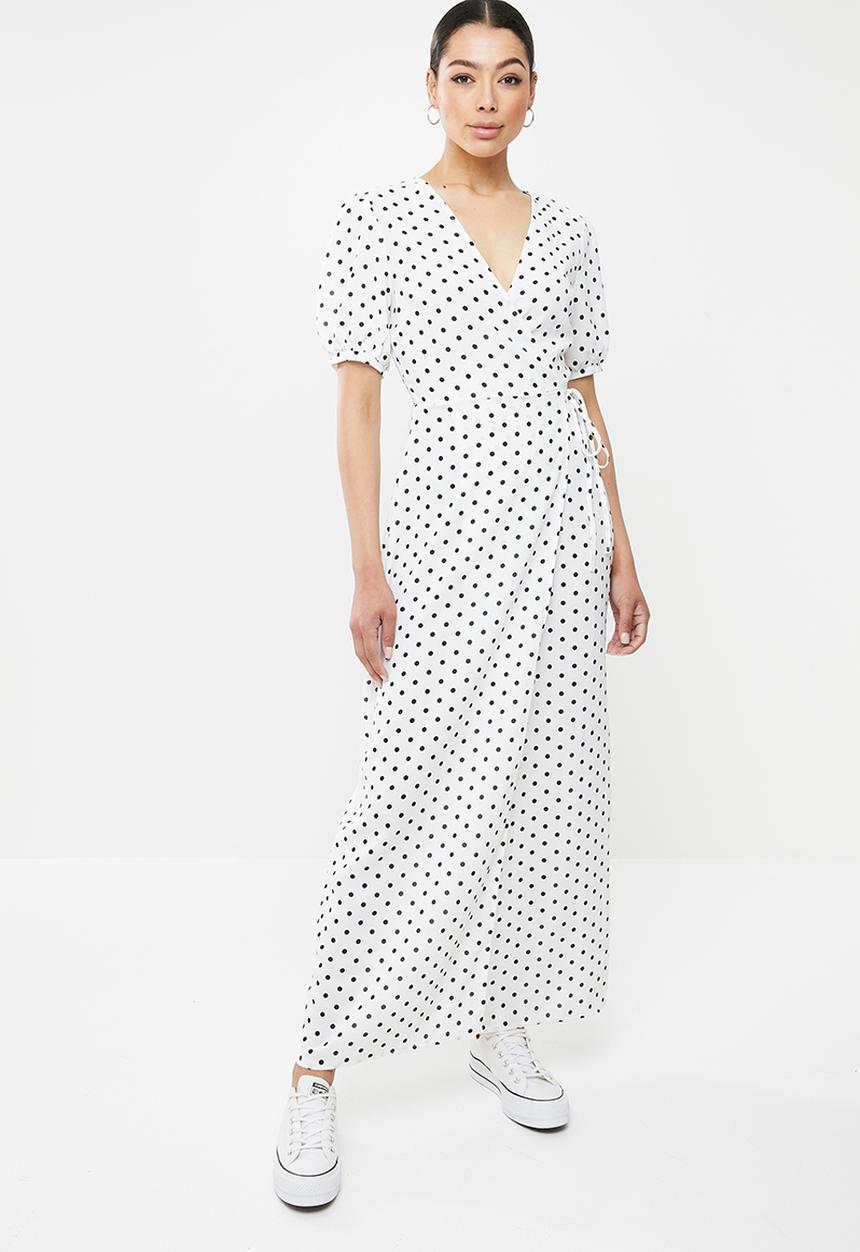 Missguided - Puff sleeve wrap tea maxi dress polka - black & white