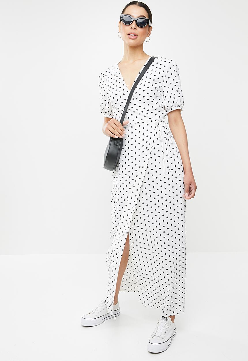Missguided - Puff sleeve wrap tea maxi dress polka - black & white