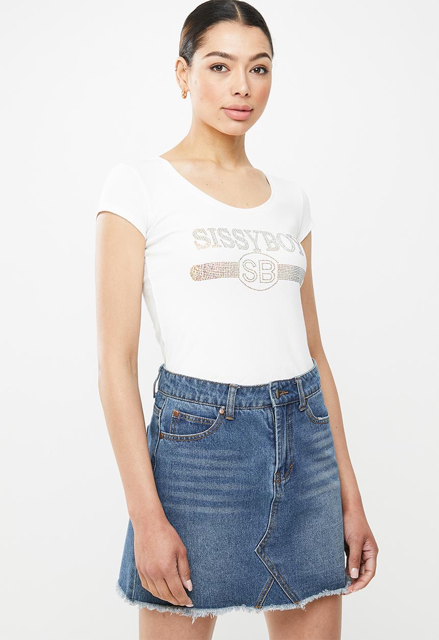 SISSY BOY - Fobi: round neck logo with bling - white