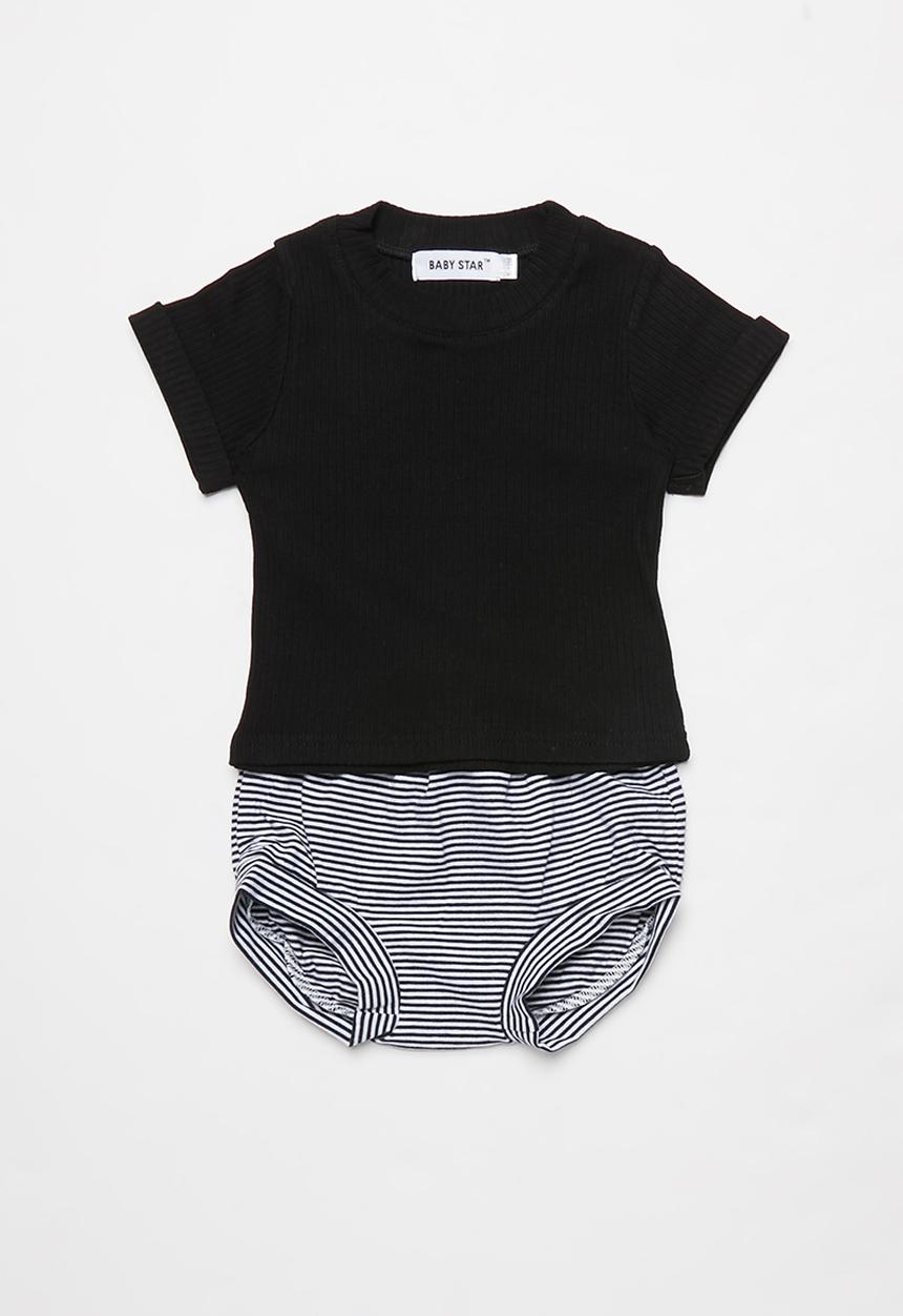 Baby Star - Ribbed tee & stripe shorts set - black & white