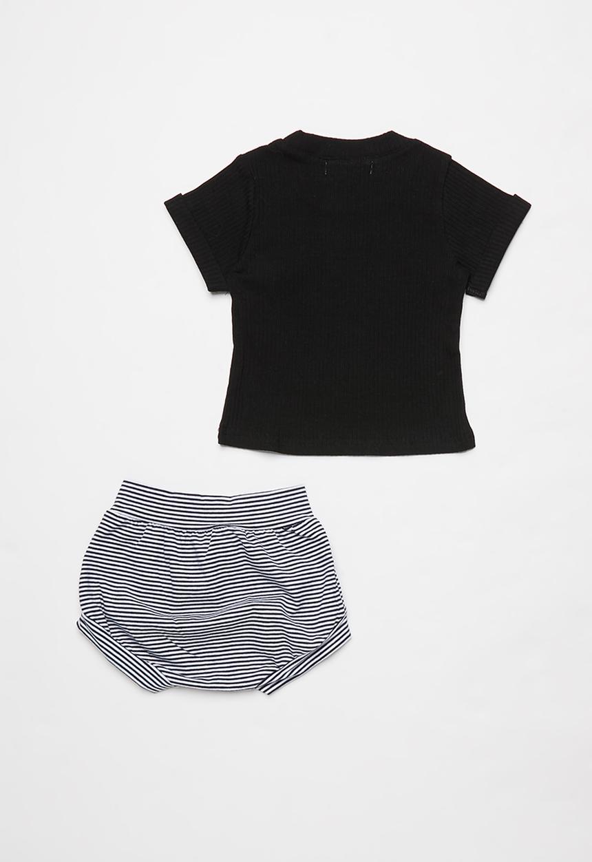 Baby Star - Ribbed tee & stripe shorts set - black & white