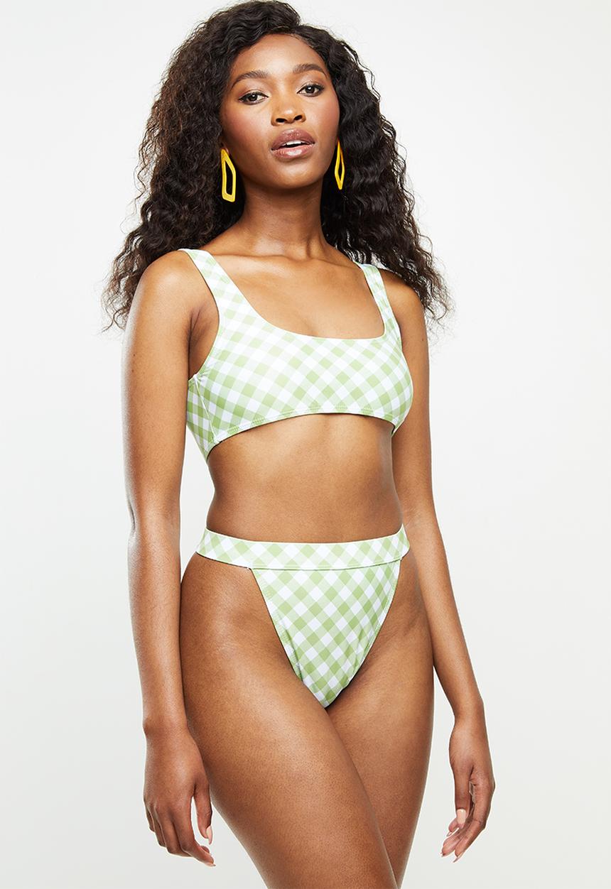 Missguided - Gingham scoop neck bikini top and tanga bikini bottoms - green & white