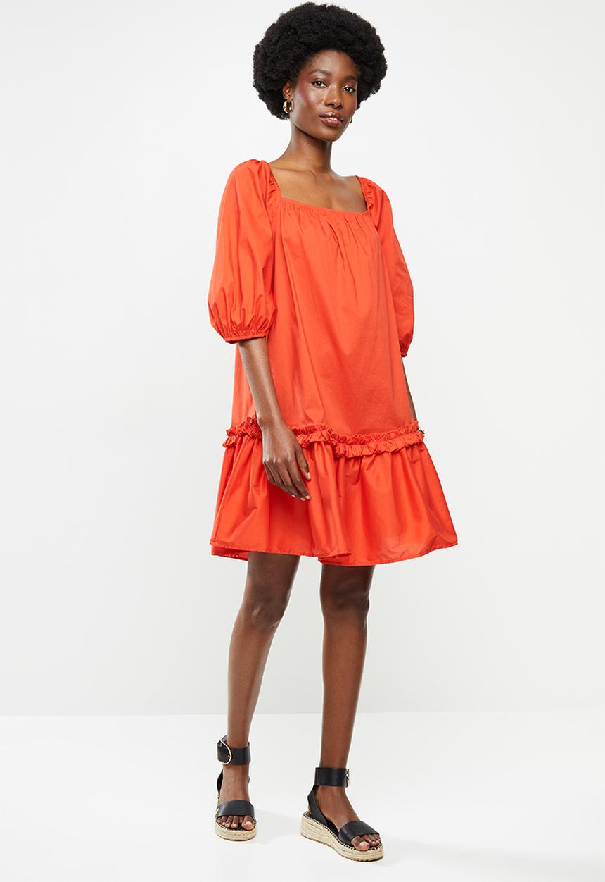 Me&B - Cotton swing dress with picrust detail - orange 