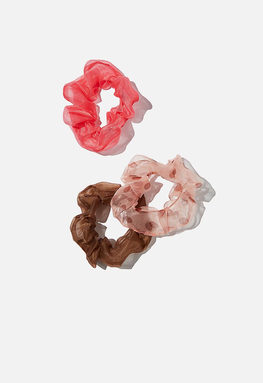 Rubi - 3 Pack scrunchies - organza chocolate polka dot trio