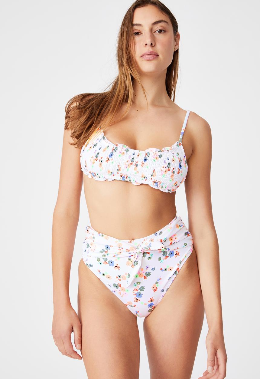 Cotton On - Backless ruffle bikini top - white ditsy shirred