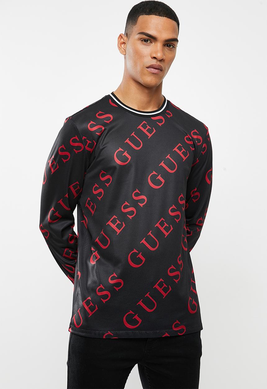 GUESS - Long sleeve guess logo printed crew - black