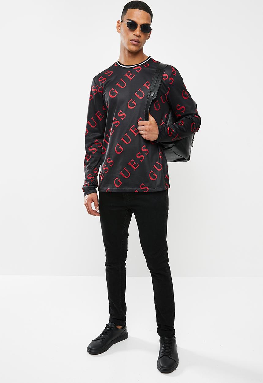 GUESS - Long sleeve guess logo printed crew - black