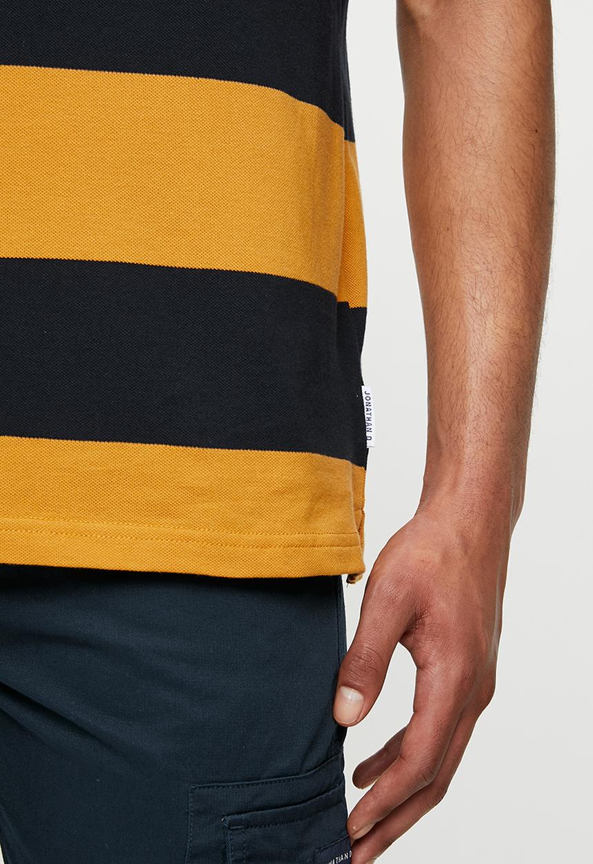 Jonathan D - Modern fit short sleeve stripe golfer - navy & mustard 