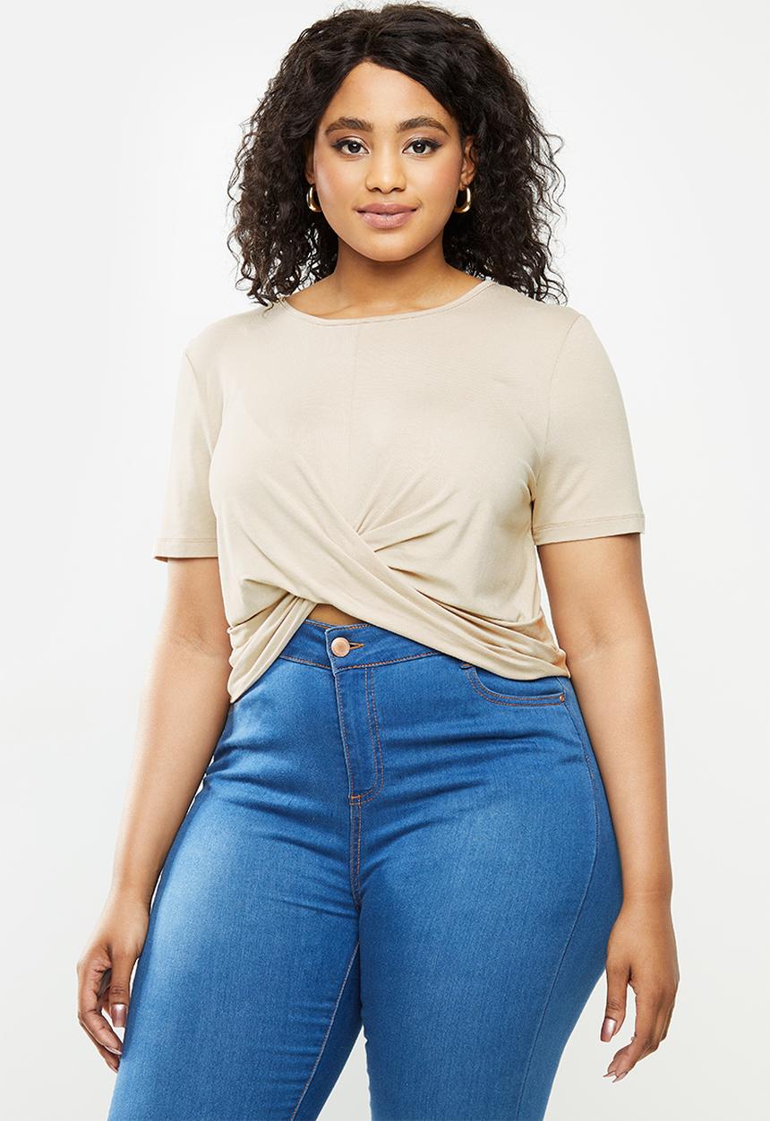 Blake - Wrap front detail crop top with short sleeve - stone