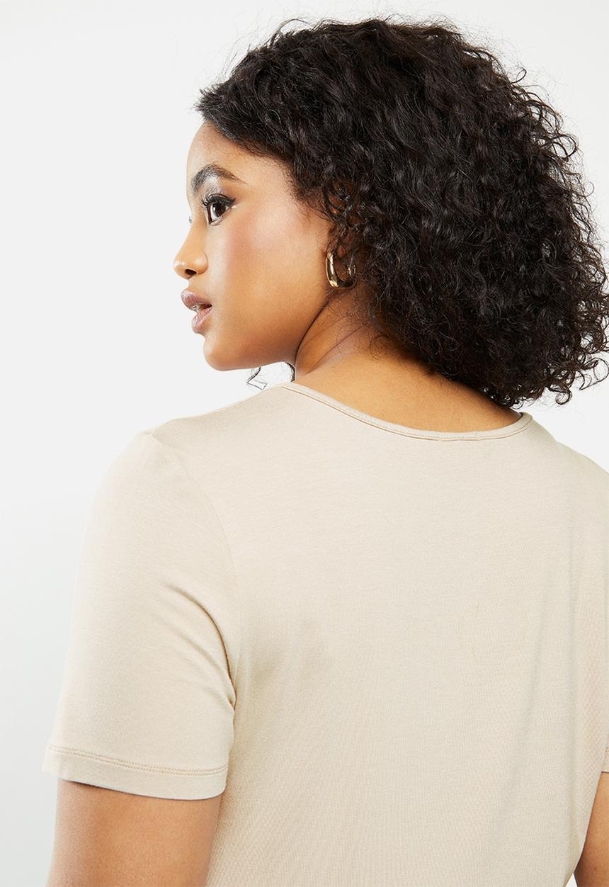 Blake - Wrap front detail crop top with short sleeve - stone