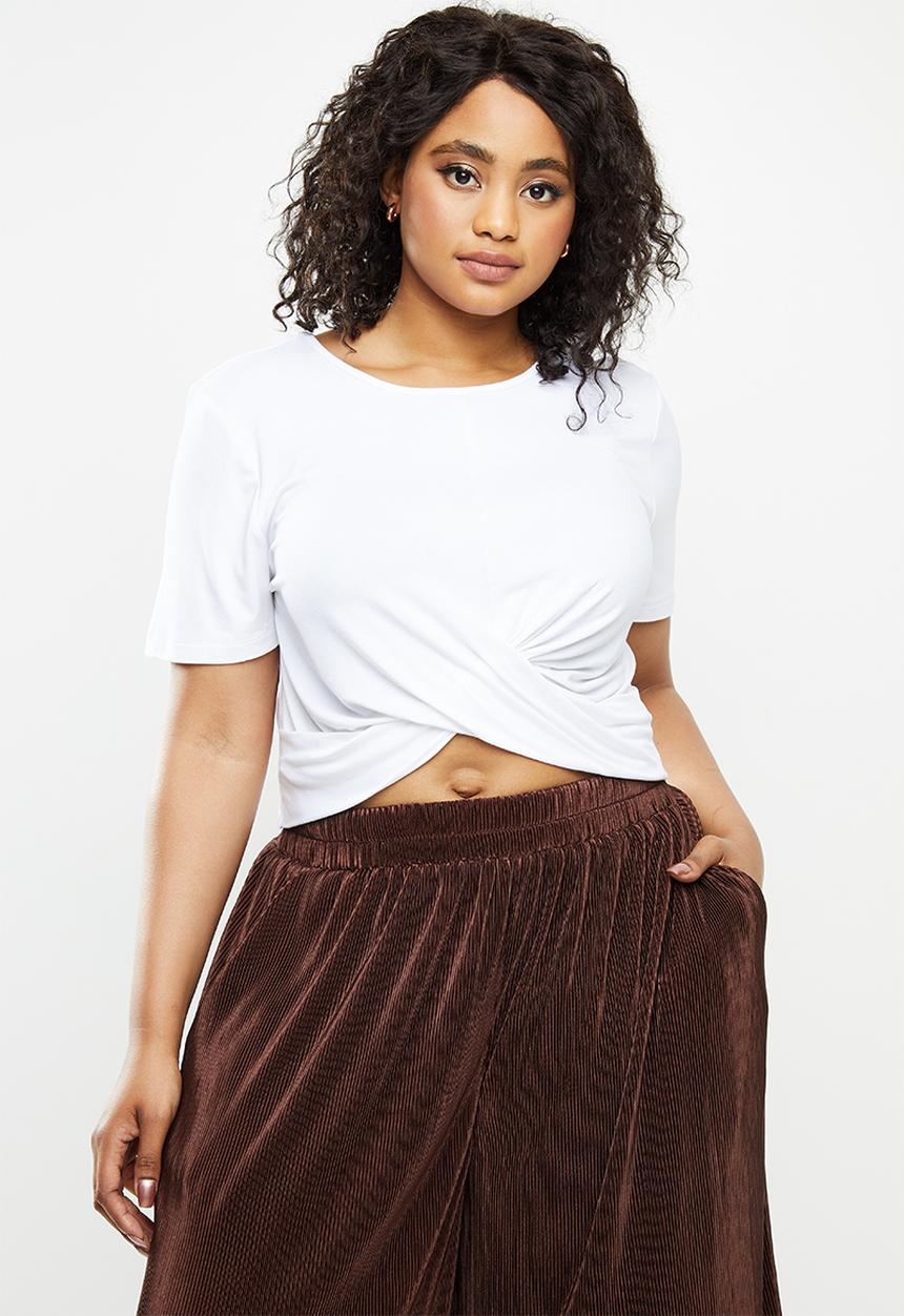 Blake - Wrap front detail crop top with short sleeve - white