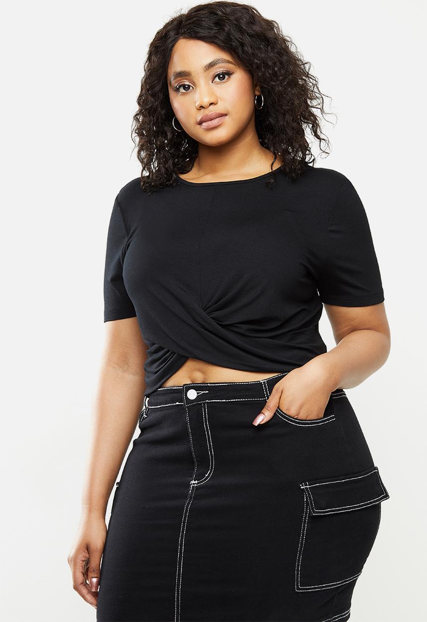 Blake - Wrap front detail crop top with short sleeve - black