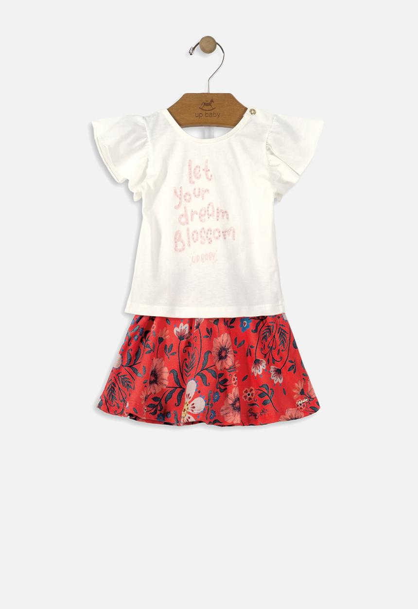 UP Baby - Girls blouse & skirt set - off white & red 