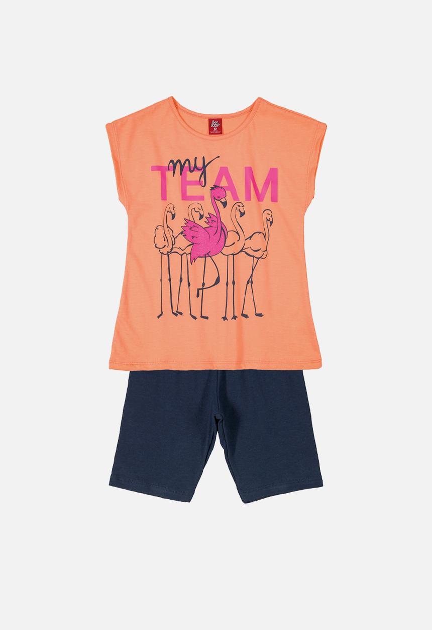 Bee Loop - Girls flamingo tee & shorts set - orange & navy 