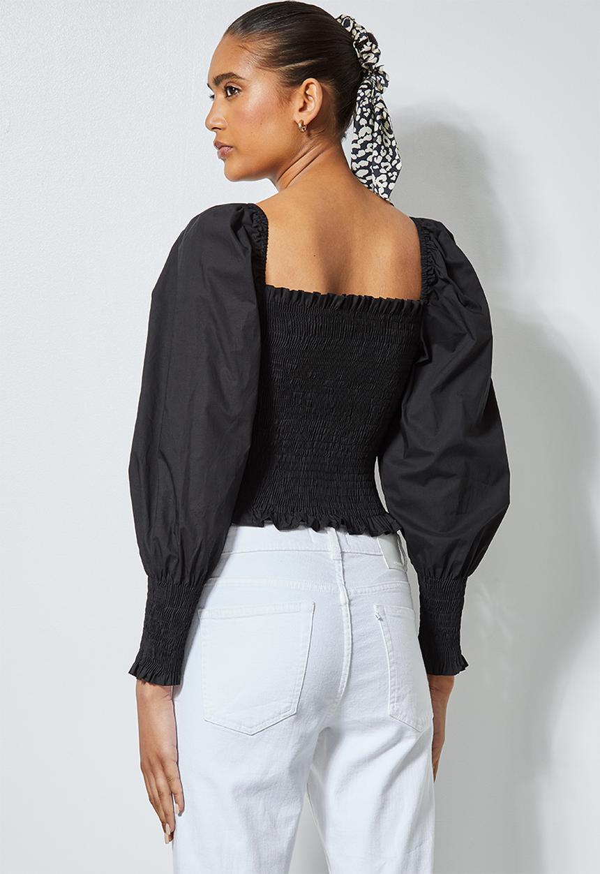 Superbalist - Puff sleeve shirred blouse - black