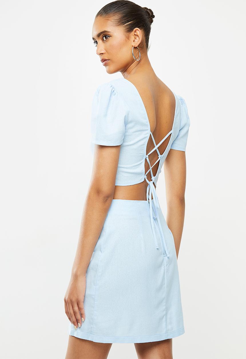 Blake - Tie back square neck crop top - pastel blue