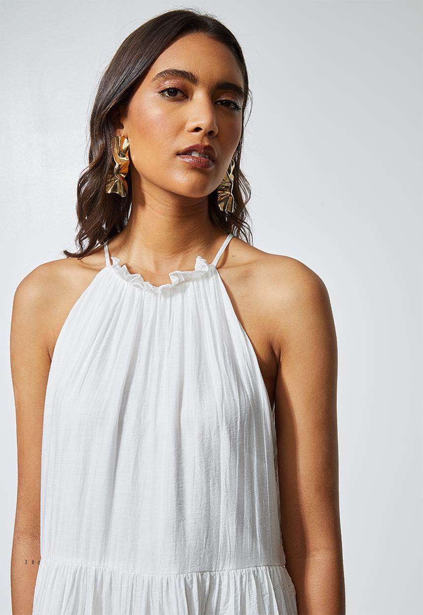 Superbalist - Textured fabric halter neck tiered dress - white