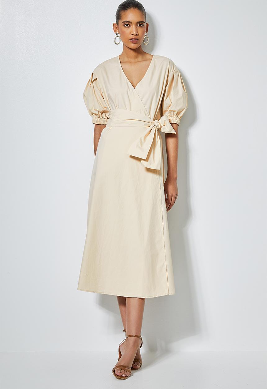 Superbalist - Cotton poplin wrap dress with self tie belt - light stone 