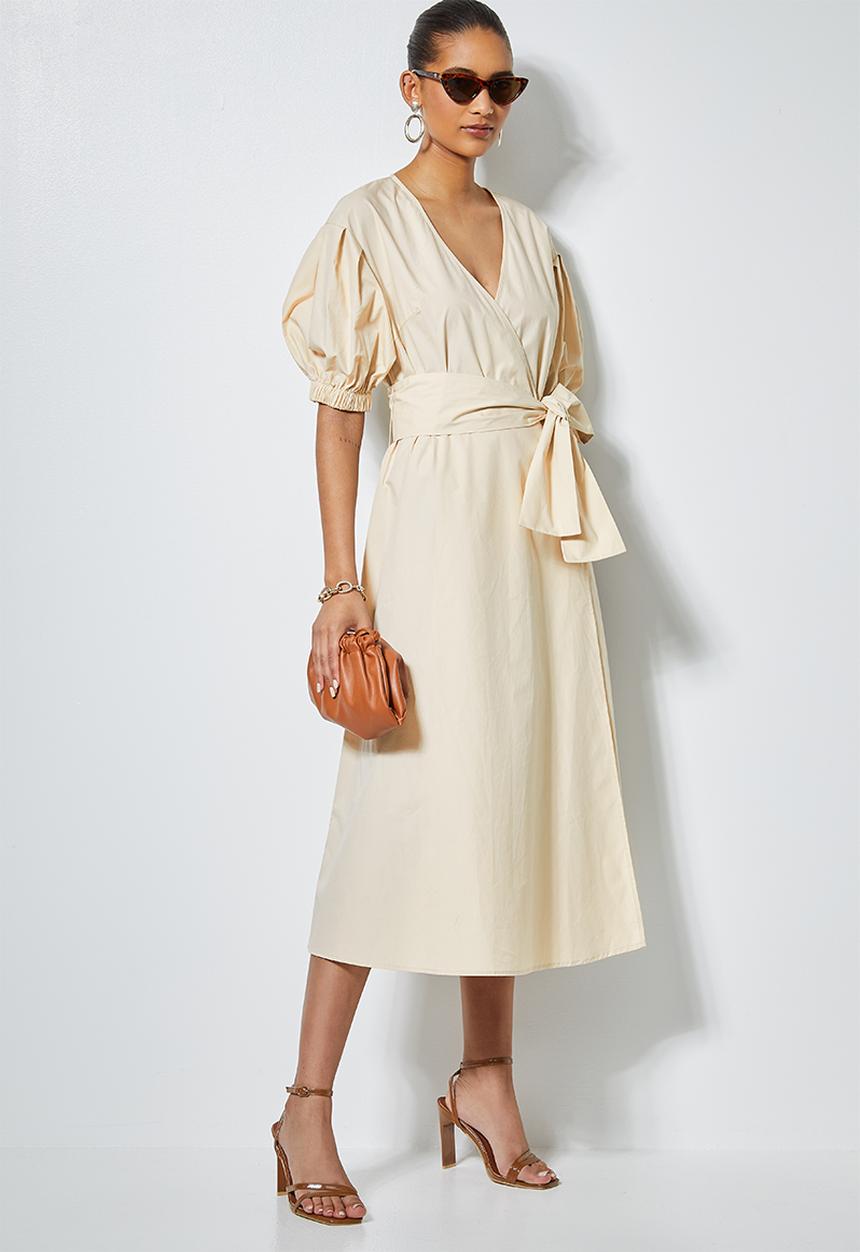 Superbalist - Cotton poplin wrap dress with self tie belt - light stone 
