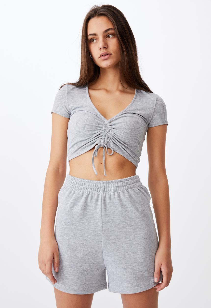 Factorie - Short sleeve pull front v neck top - grey marle