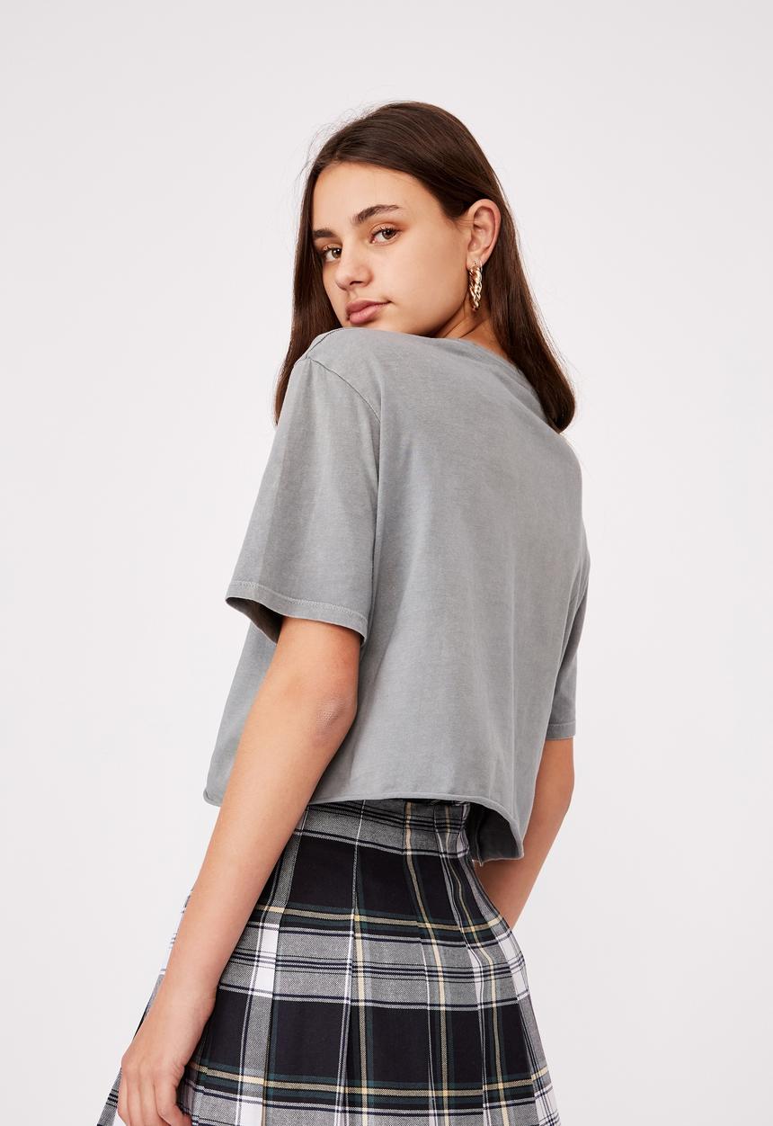 Factorie - Short sleeve raw edge crop graphic T-shirt - washed grey