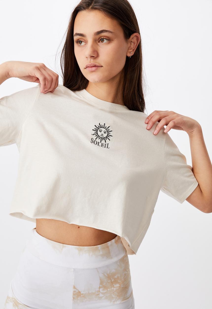 Factorie - Short sleeve raw edge crop graphic T-shirt - white