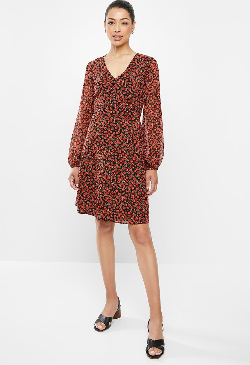 edit - Sheer balloon sleeve trapeze dress - red ditsy