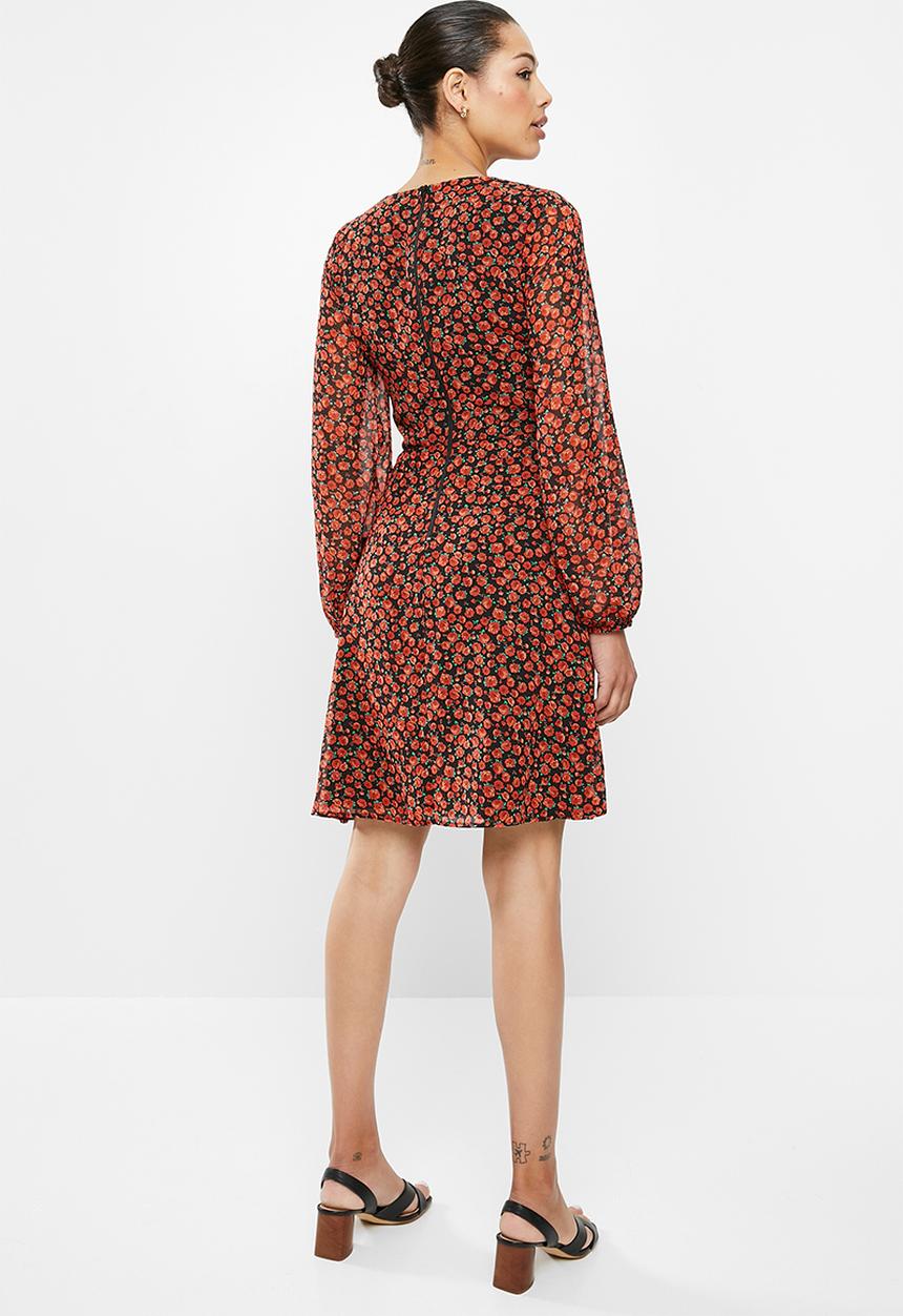 edit - Sheer balloon sleeve trapeze dress - red ditsy