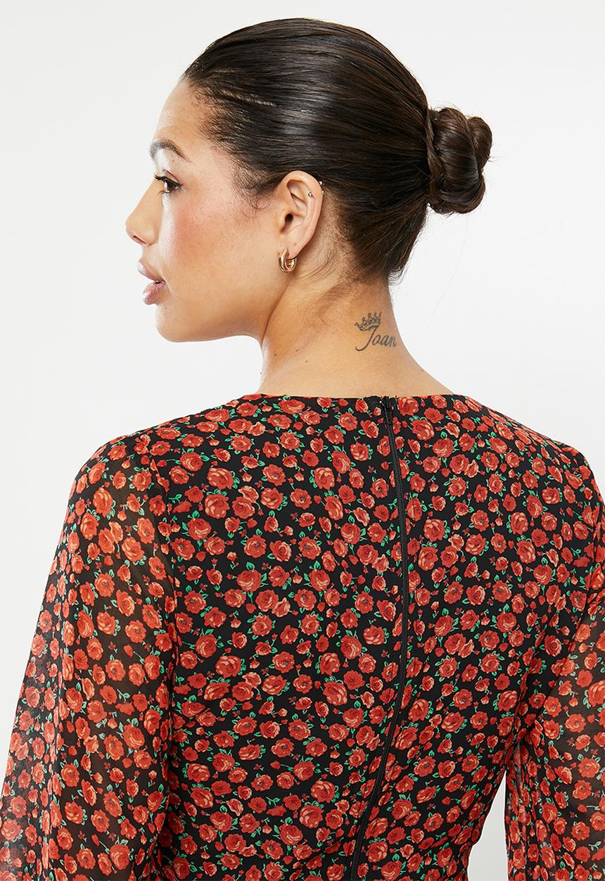 edit - Sheer balloon sleeve trapeze dress - red ditsy