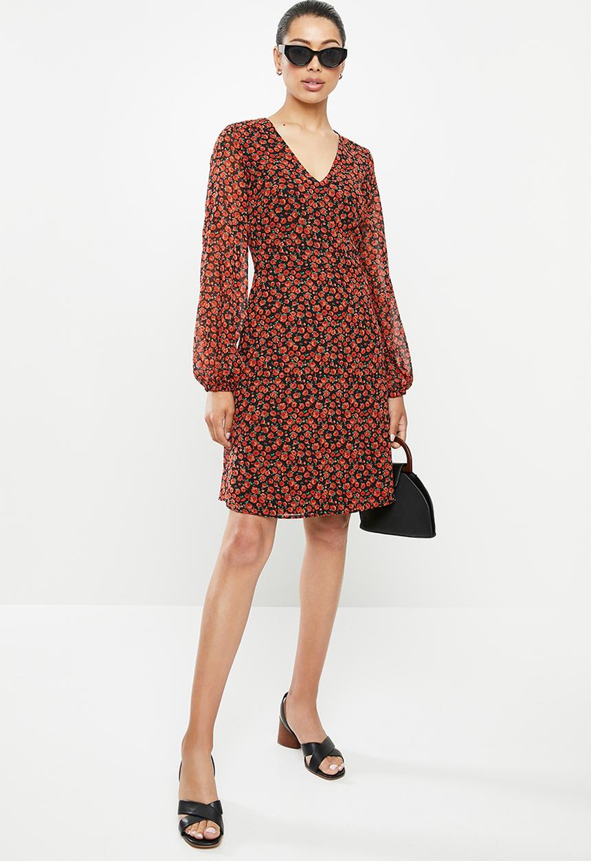edit - Sheer balloon sleeve trapeze dress - red ditsy