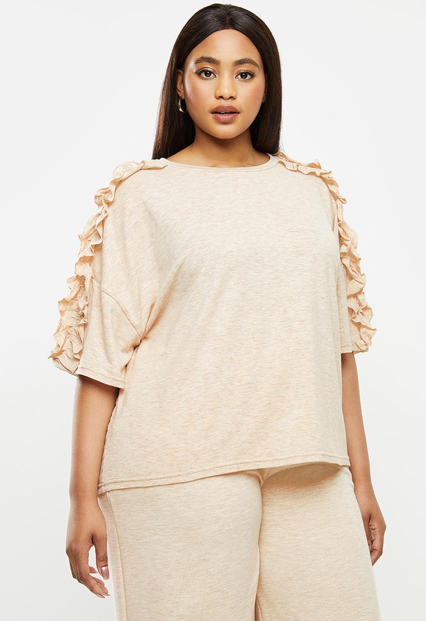 Me&B - Plus oatmeal melange oversized tee with pie crust detail - neutral 