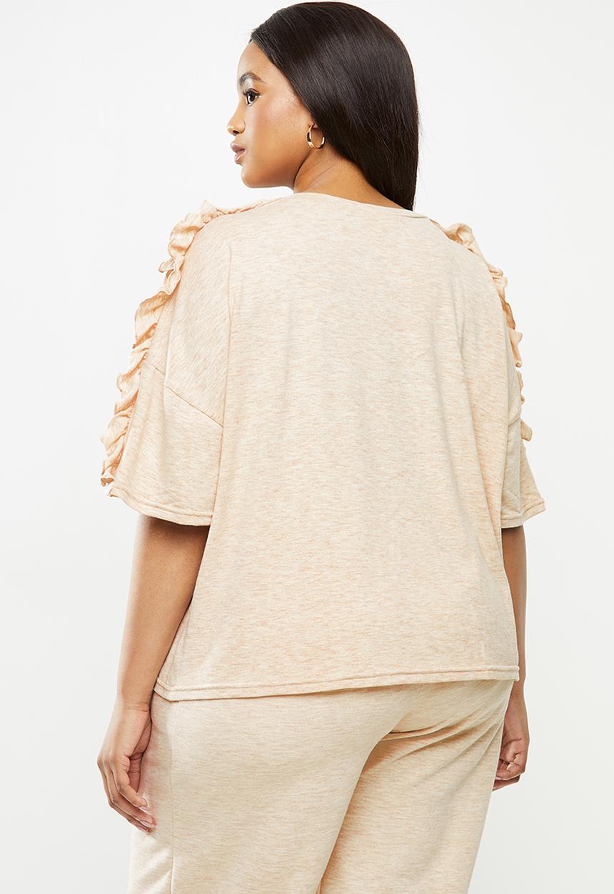 Me&B - Plus oatmeal melange oversized tee with pie crust detail - neutral 
