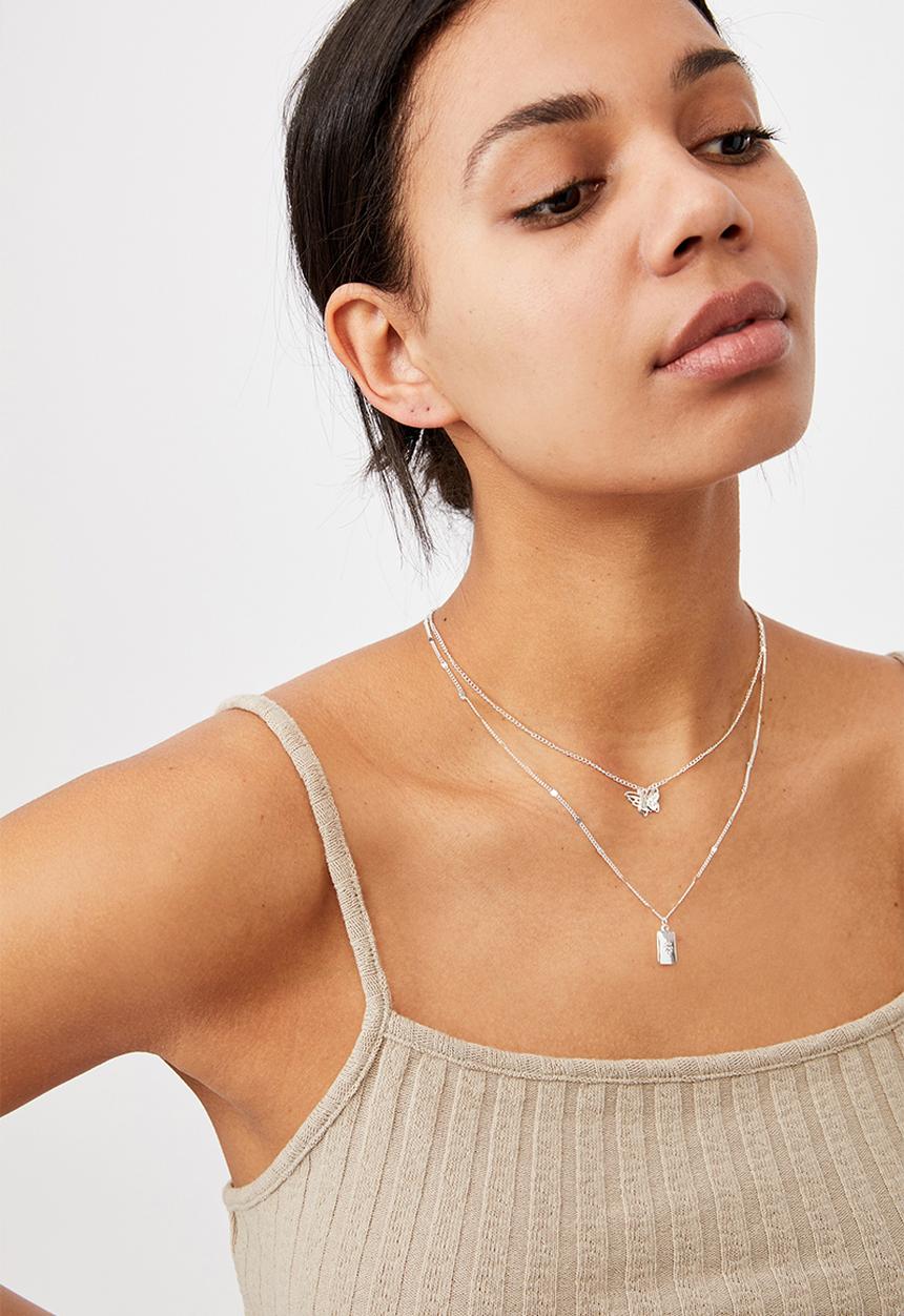 Rubi - Luxe layers butterfly tag layered necklace - silver