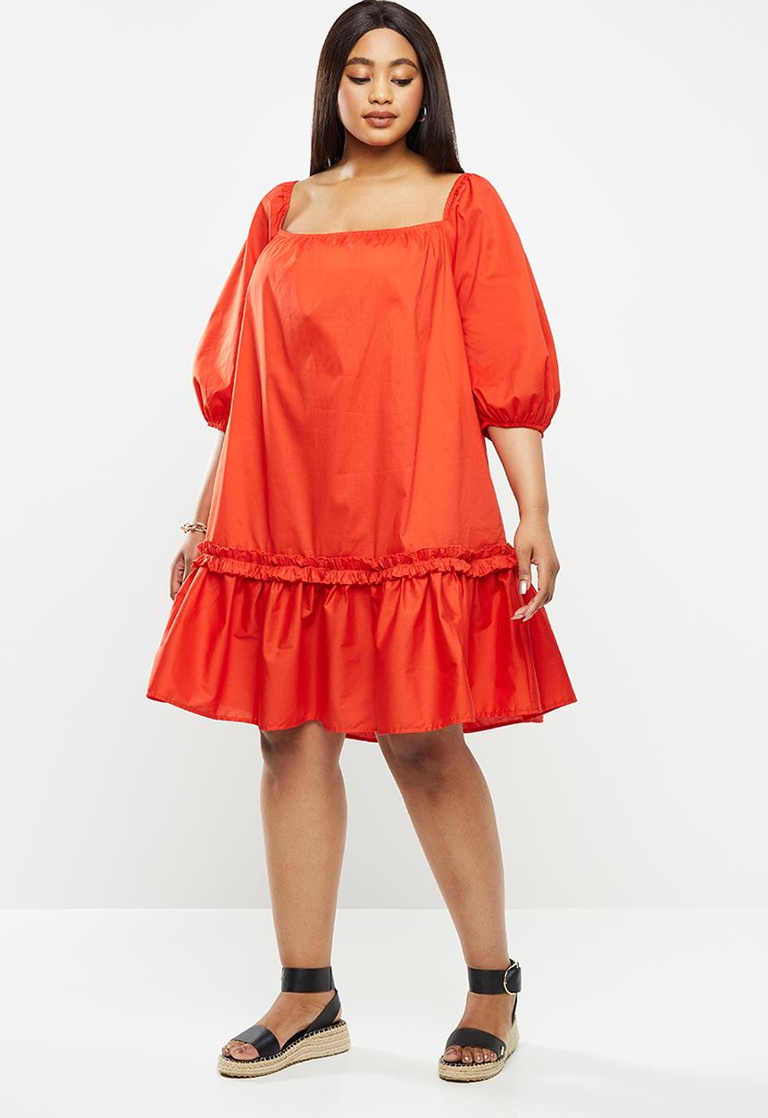Me&B - Plus cotton swing dress with picrust detail - red 