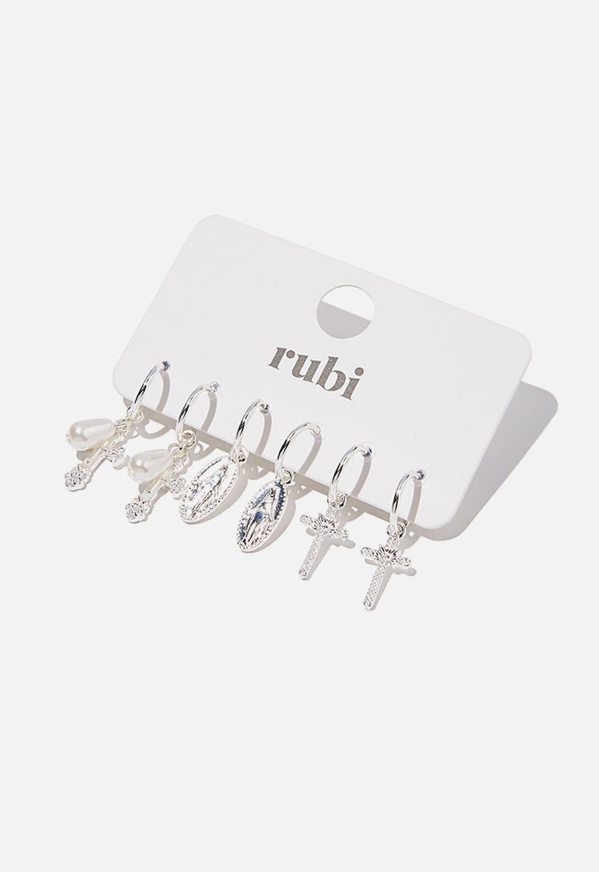 Rubi - 3 pack luxe layers hoops - silver cross charms