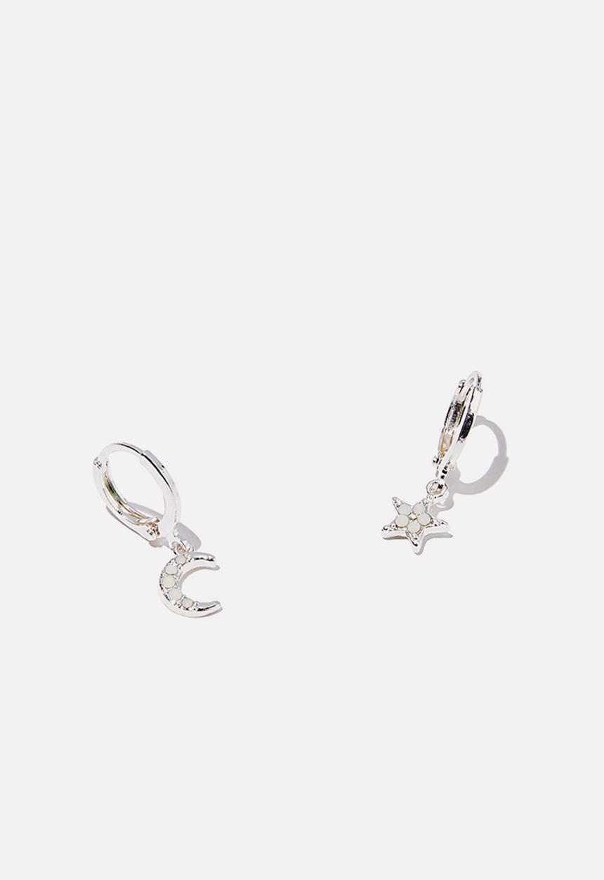 Rubi - Ear party huggie hoops - silver moon and star