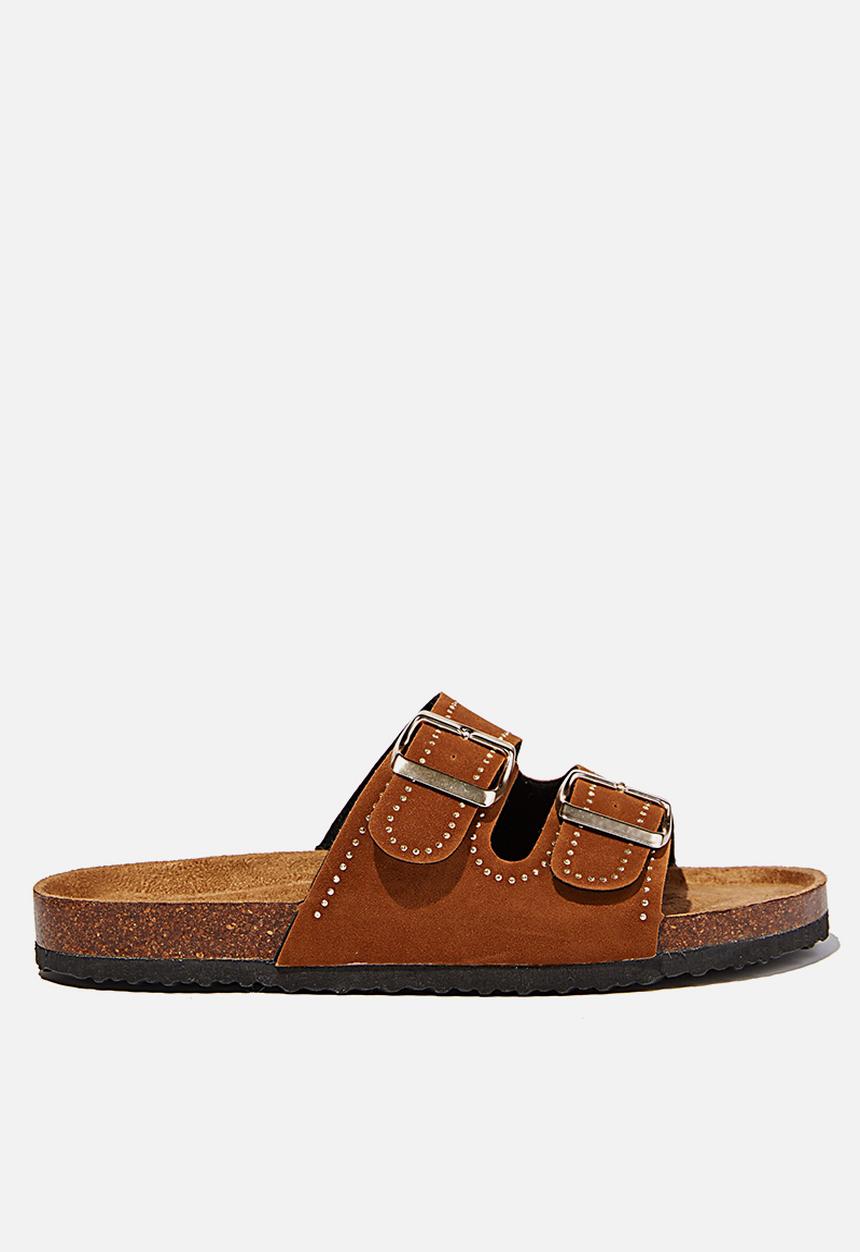 Cotton On - Rex embellished double buckle slide - tobacco studded rough micro
