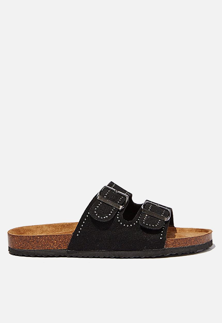 Cotton On - Rex embellished double buckle slide - black studded rough micro