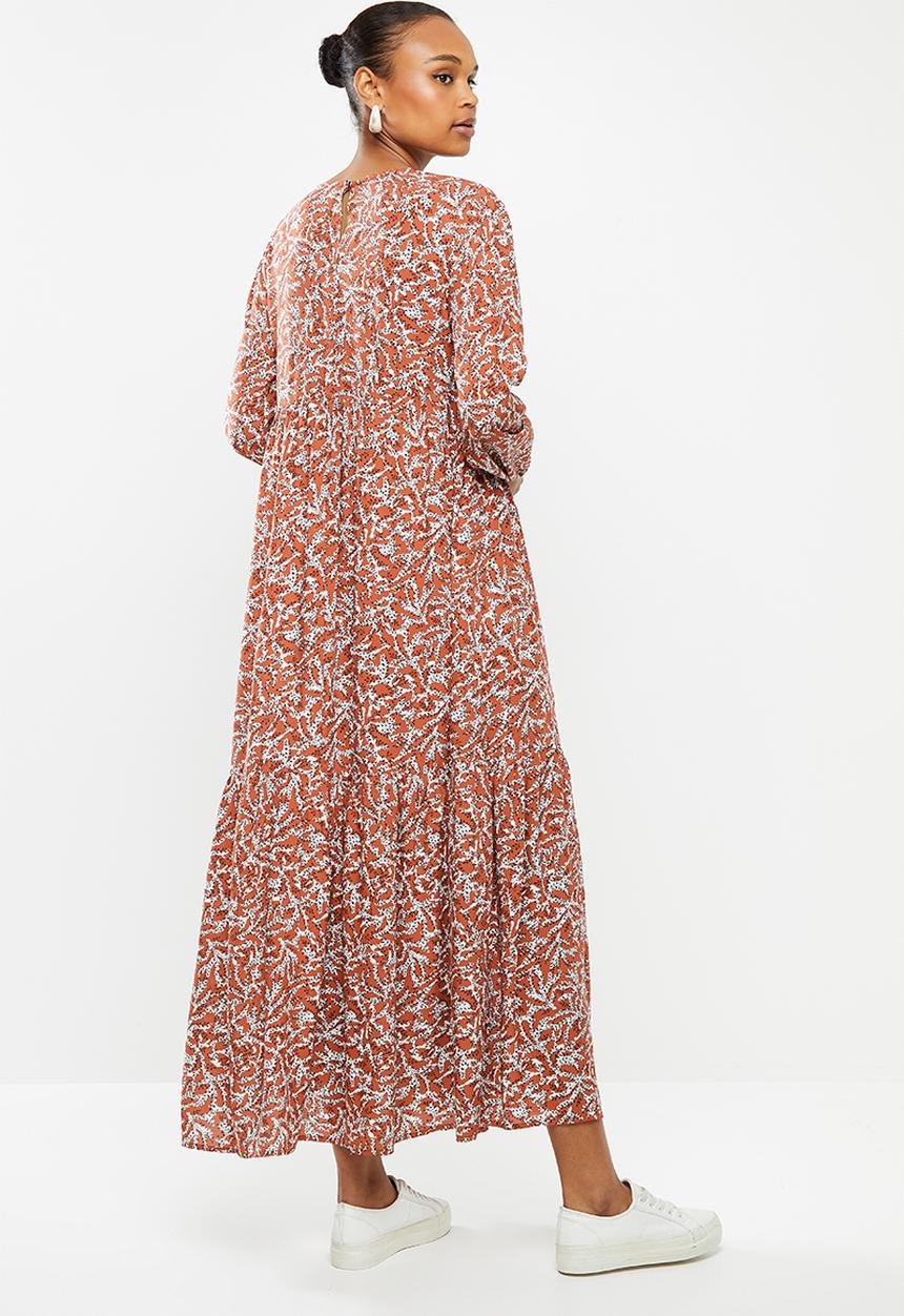 edit - Long sleeve v-neck tiered midi dress - rust & white