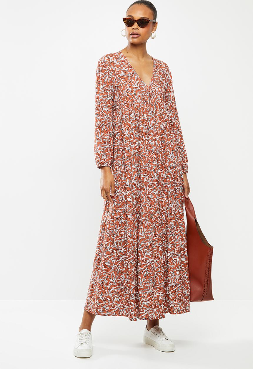 edit - Long sleeve v-neck tiered midi dress - rust & white