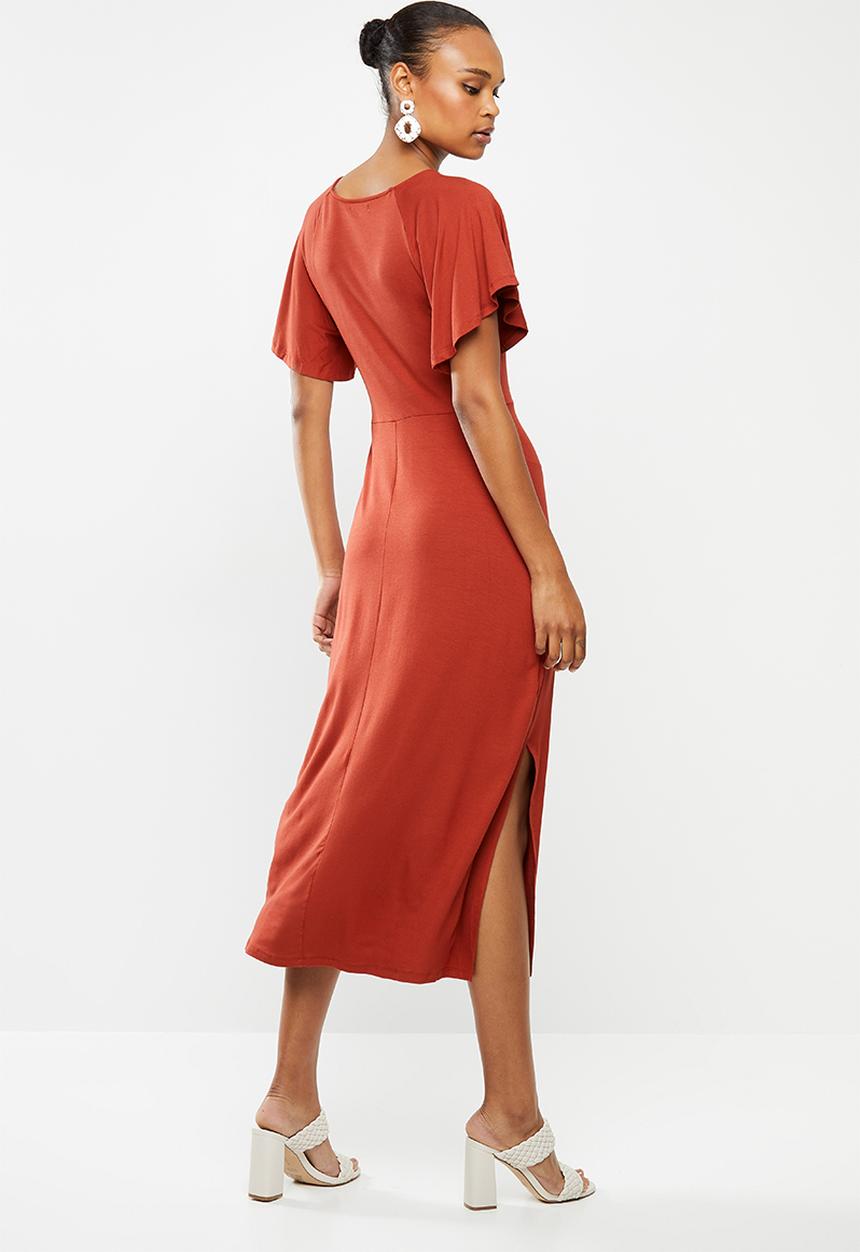 edit - V-neck flutter sleeve knit midi - rust